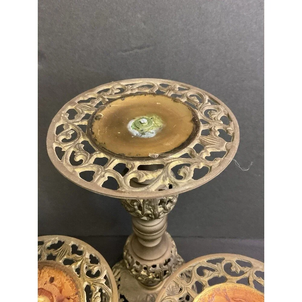 Vintage MCM Brass Filigree Set Of Candle Holders Pedestal